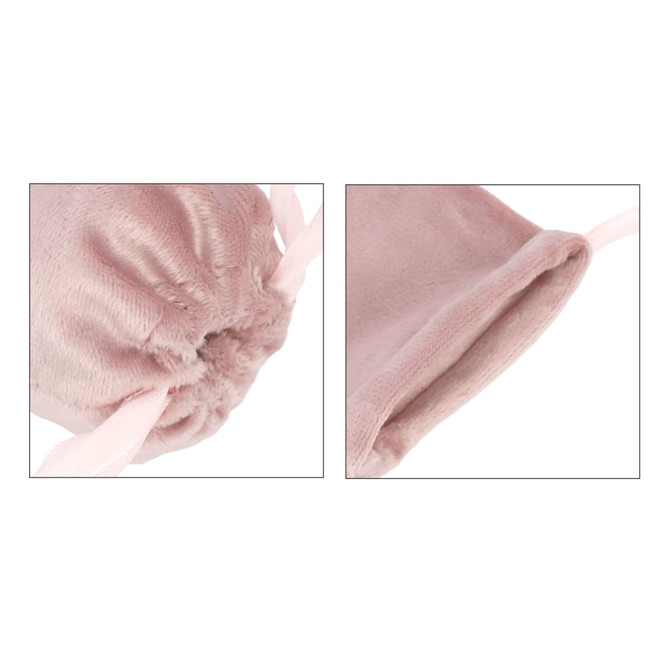 A pink silk velvet drawstring bag featuring a soft texture and matching satin drawstrings.
