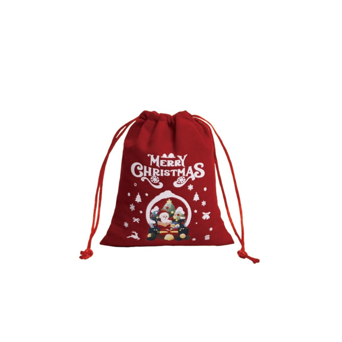 A red drawstring gift bag featuring a festive design with Christmas trees, snowflakes, and Santa.