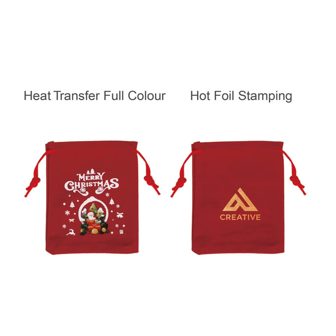 Red Christmas drawstring gift bags featuring festive designs and a logo on one side.