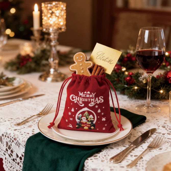 A red drawstring gift bag with a festive design, containing a gingerbread man and a note, set on a dining table.