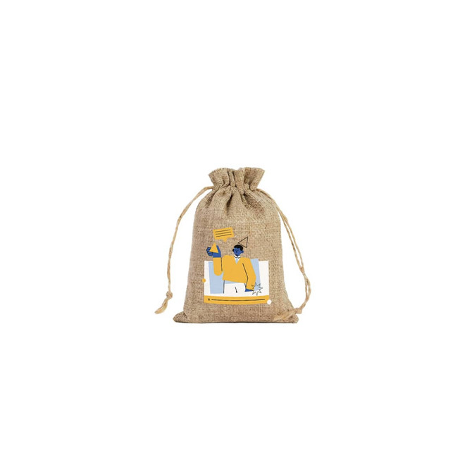 A natural linen drawstring gift bag featuring a colourful illustration. The bag has a rustic appearance with a textured finish.