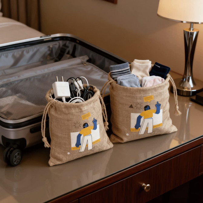 Linen drawstring gift bags in natural colour, featuring illustrations, with assorted items inside, next to a suitcase.