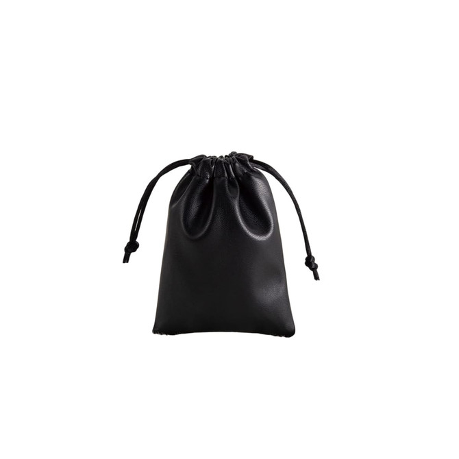 A black PU leather drawstring gift bag with a gathered top and adjustable cords.