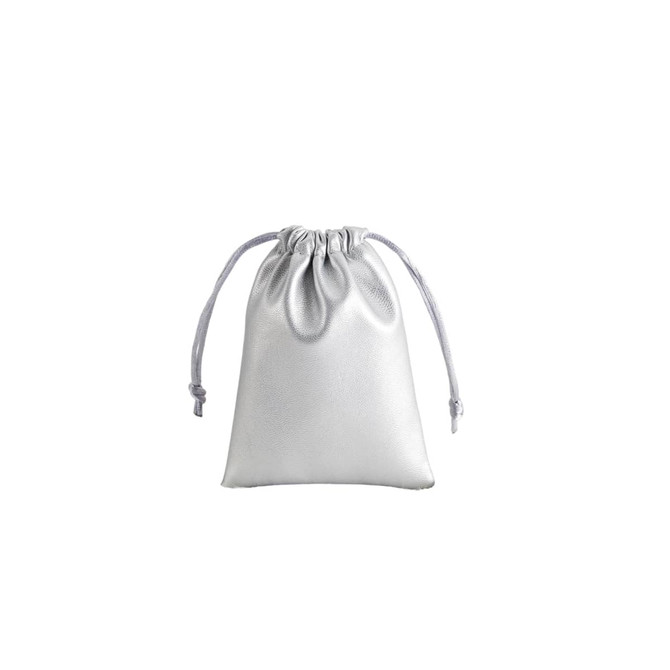 A silver PU leather drawstring gift bag with a gathered top and matching drawstring.
