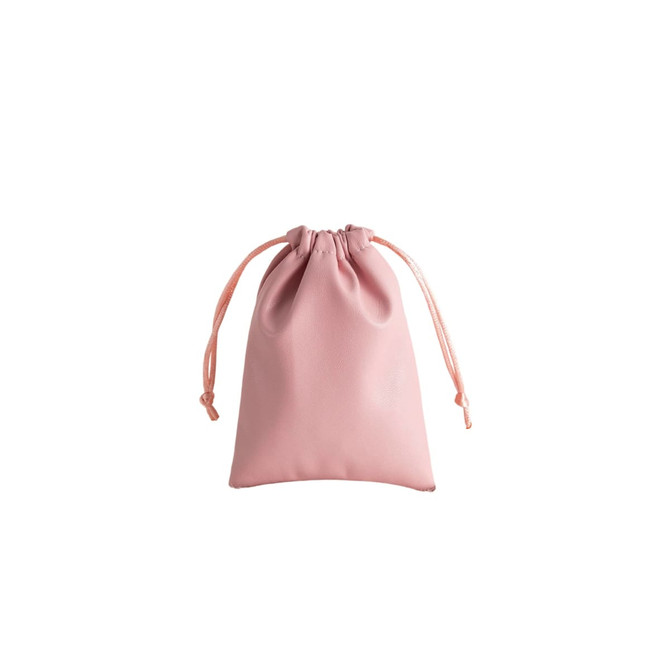 A pink PU leather drawstring gift bag with matching drawstrings, featuring a smooth texture and a simple design.