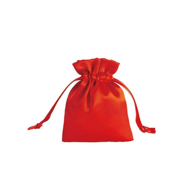 A red silk satin drawstring bag with tied closures at the top, featuring a smooth, shiny texture.
