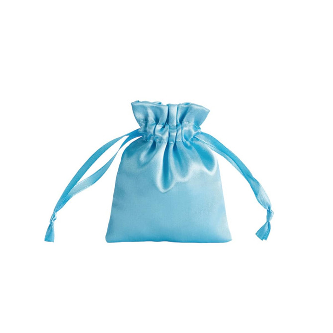 A light blue silk satin drawstring bag with matching ties. The bag has a smooth, glossy finish and a gathered top.