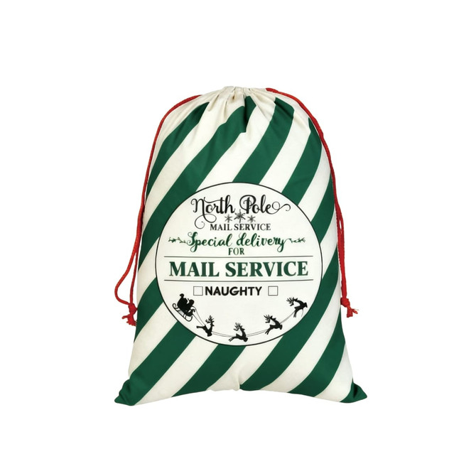 A green and white striped drawstring bag featuring a label with a mail service theme and decorative elements.