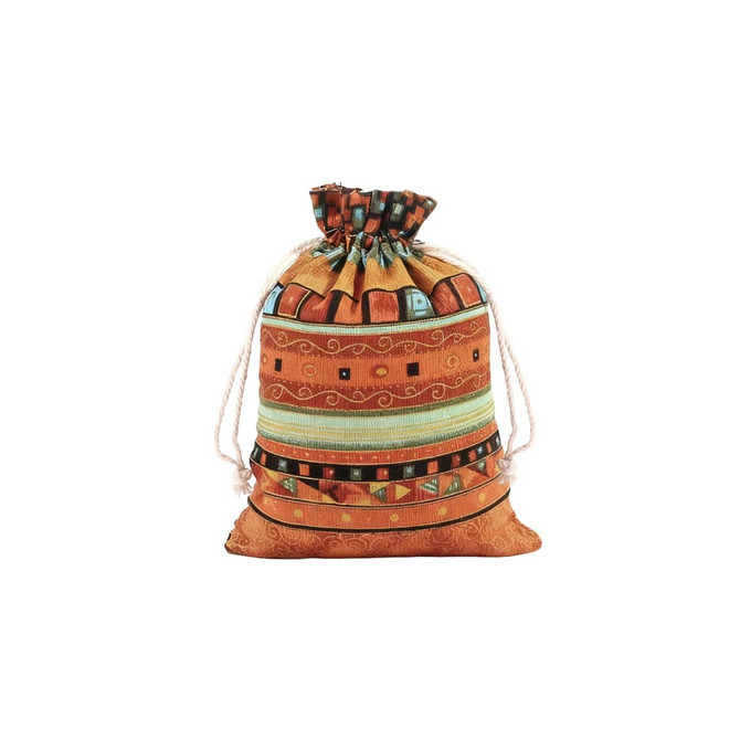 A drawstring bag in vibrant orange and blue patterns, featuring a decorative design and contrasting rope closure.