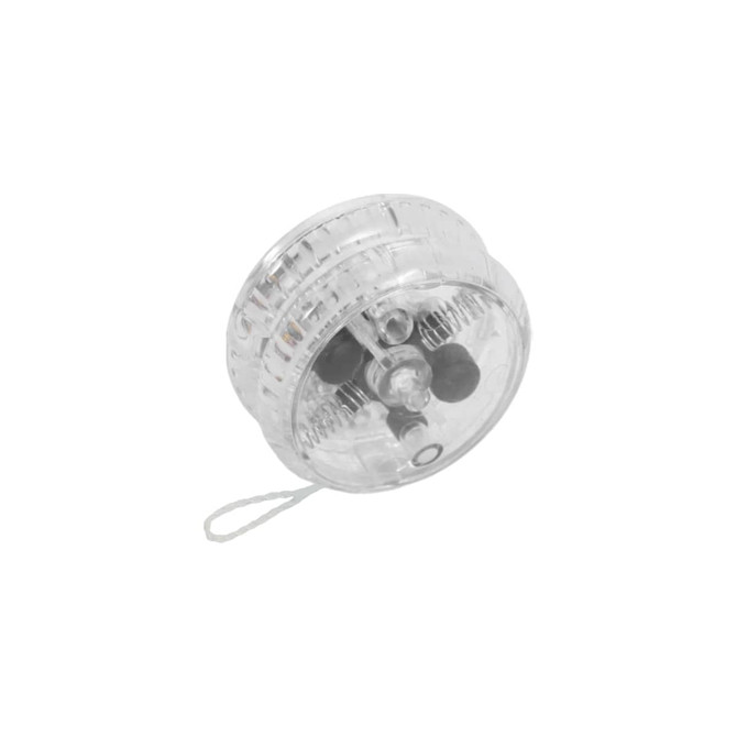 A clear, circular yoyo with an internal light feature and a string attachment.