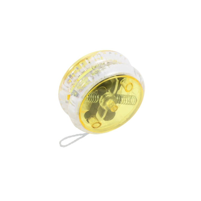 A yellow and clear light-up yoyo with a visible internal mechanism and a string attached.