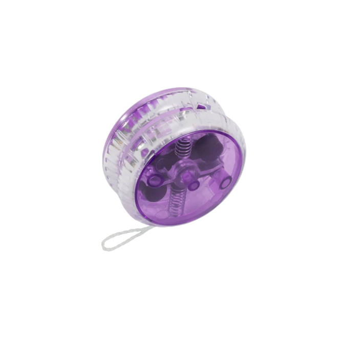 A transparent purple yoyo with light-up features and a string attachment.
