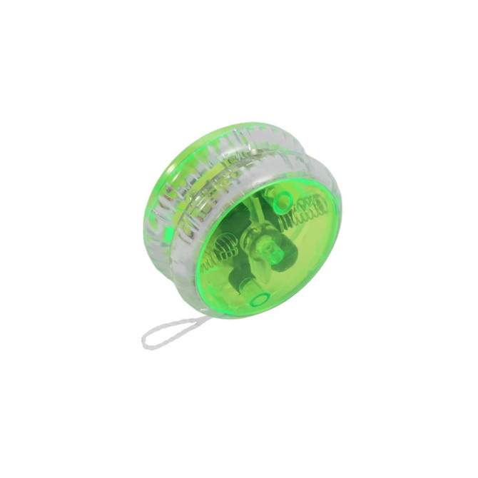 A green, transparent yoyo with a light-up feature, showcasing its inner mechanisms and string attachment.