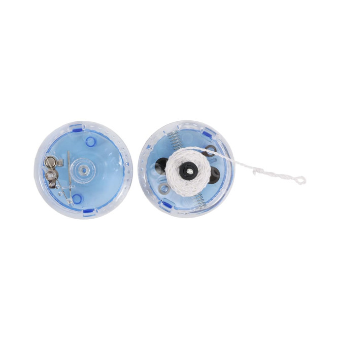 A light-up yoyo in clear and blue plastic, featuring a string and internal mechanisms visible through the casing.