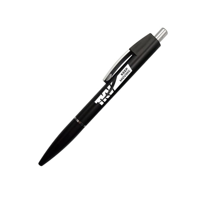 A black ballpoint pen with a silver clip and a logo. It has a sleek, modern design.