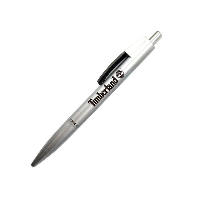 A silver ballpoint pen with a black grip and a logo. It features a classic design suitable for writing.