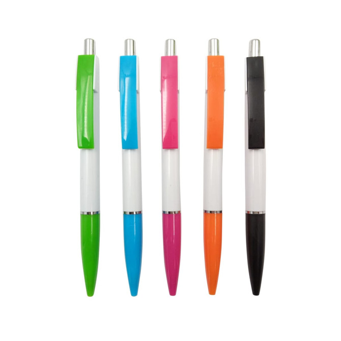 Five vibrant plastic ballpoint pens in green, blue, pink, orange, and black, each featuring a clip and silver accents.