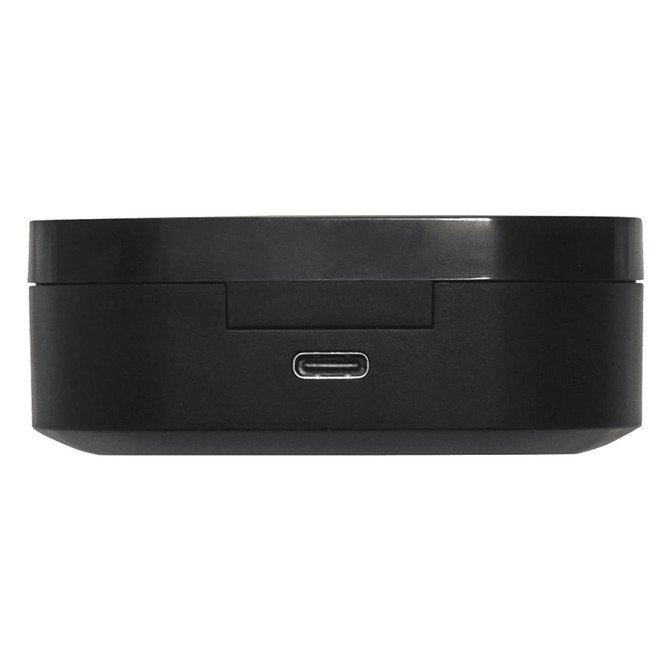 A charging case for black earbuds with a USB-C port on the side. The case has a smooth finish.