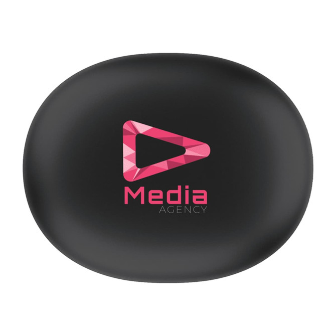 A black charging case for earbuds featuring a logo on the front.