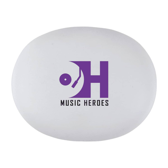 A white earbud case with a logo and branding for "Music Heroes" on the front.