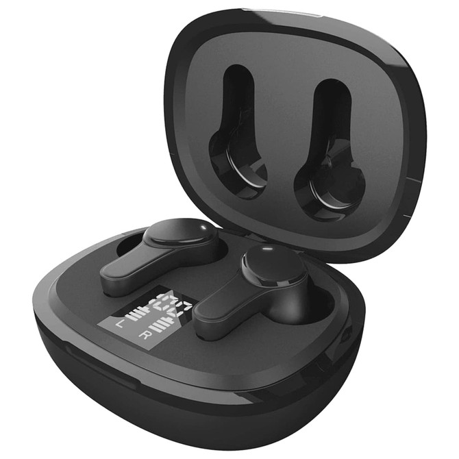 A pair of black earbuds in an open charging case, featuring a sleek design and a brand logo inside.