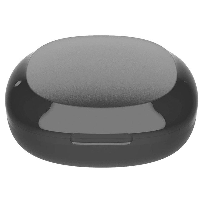 A black charging case for earbuds with a smooth surface and a compact shape. It features a logo on the front.