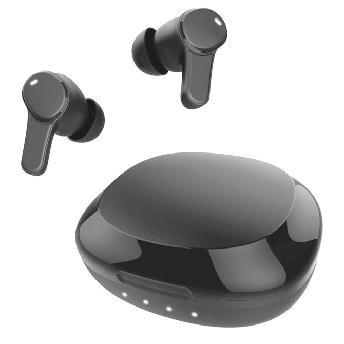 Wireless earbuds in black with a charging case, featuring a smooth design and indicator lights.