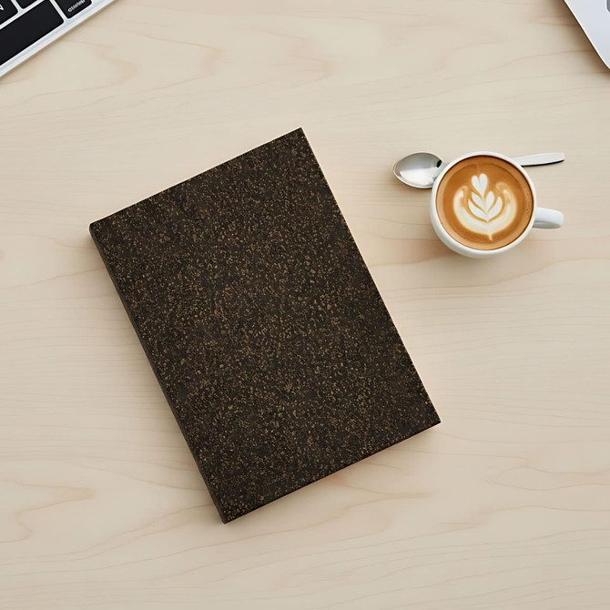 A dark brown notebook with a textured cover rests on a light wooden surface next to a cup of latte art.