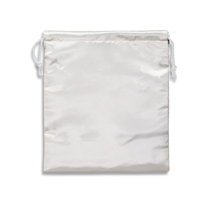 A medium satin gift bag in shiny white featuring drawstring closures and a smooth surface.
