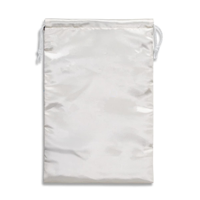 A large satin gift bag in white, featuring a drawstring closure and a smooth, shiny surface.