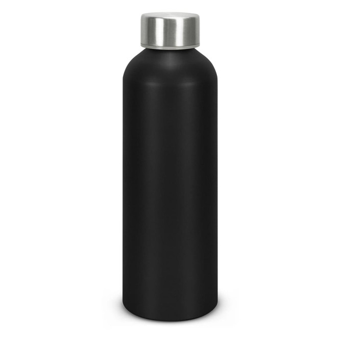 A drink bottle made of recycled aluminium, featuring a matte black finish and a stainless steel cap. It has a logo.