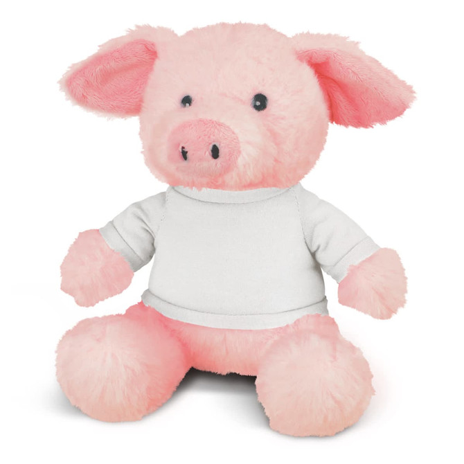 A pink pig plush toy with a soft texture and dressed in a white shirt sits upright. It has a friendly expression and rounded features.
