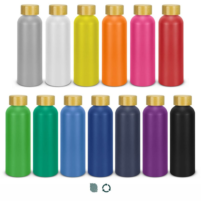 A drink bottle collection featuring various colours: silver, white, yellow, orange, pink, red, green, blue, navy, purple, and black, each with a gold lid.