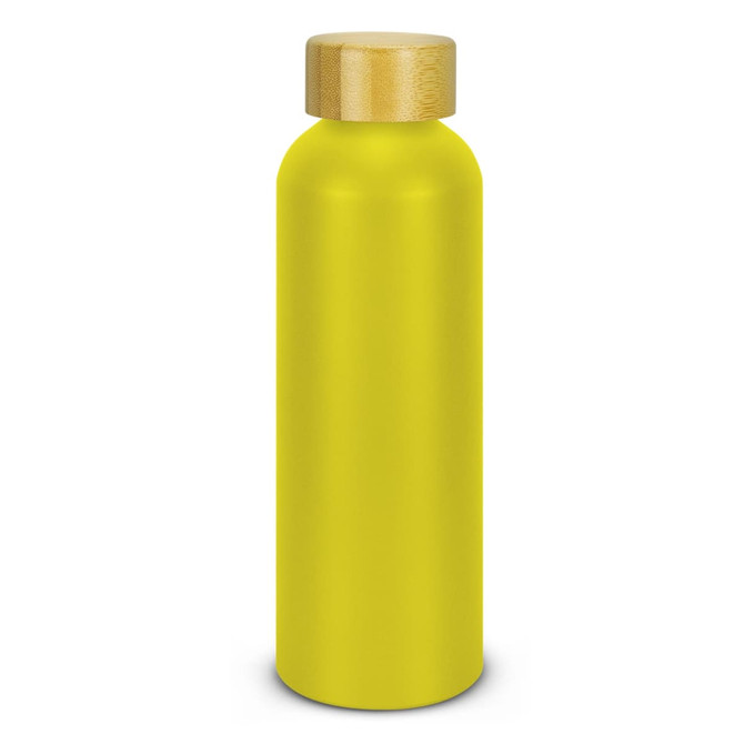 A drink bottle in bright yellow with a wooden lid, featuring a logo on the side.