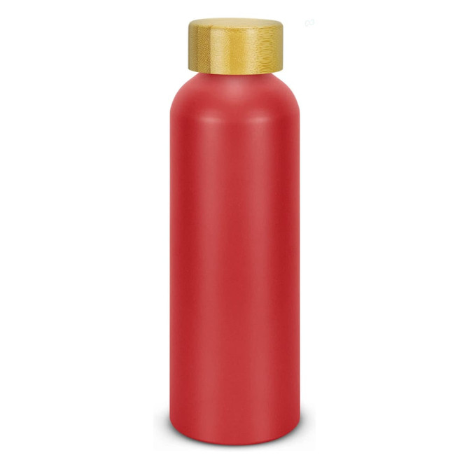 A drink bottle in vibrant red with a gold cap and a smooth, matte finish. Features a logo on the surface.