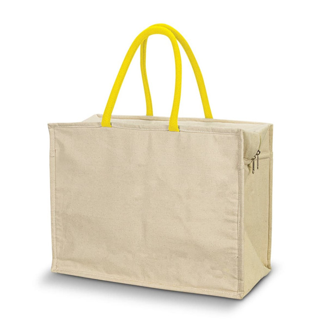 A beige cooler bag with yellow handles, featuring a zippered closure and a side pocket.