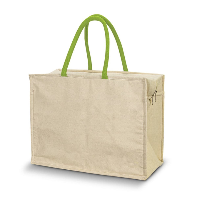 A beige cooler bag with green handles, featuring a zippered front pocket and a spacious main compartment.