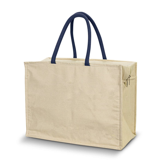 A cream-coloured cooler bag with blue handles, featuring a zip pocket and a solid structure.