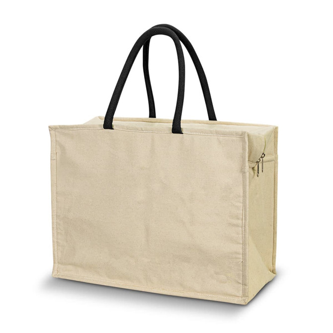 A cream cooler bag with black handles and a zipper, featuring a simple design and a side pocket.