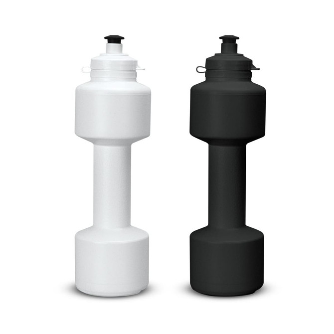 A drink bottle shaped like a dumbbell, available in white and black, with a screw-top lid and a logo.