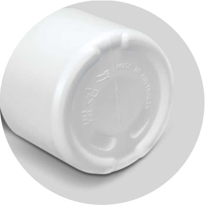 A drink bottle with a round base in white, featuring a logo on the side.