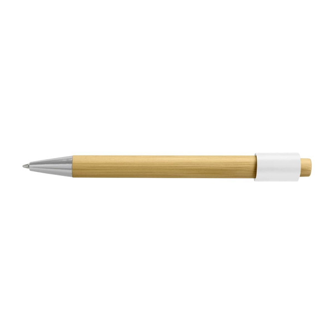 A bamboo spinner pen with a silver tip and a white section, featuring a branding logo.