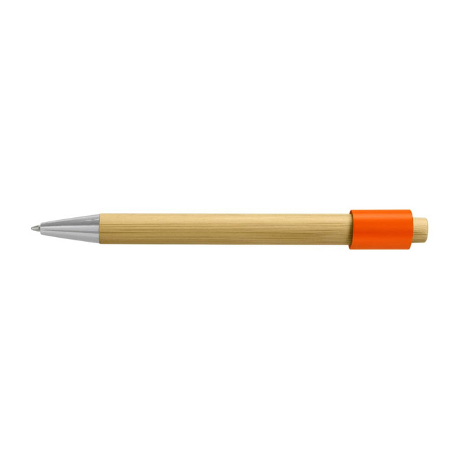 A bamboo spinner pen with a silver clip and an orange accent. It features a simple, eco-friendly design.