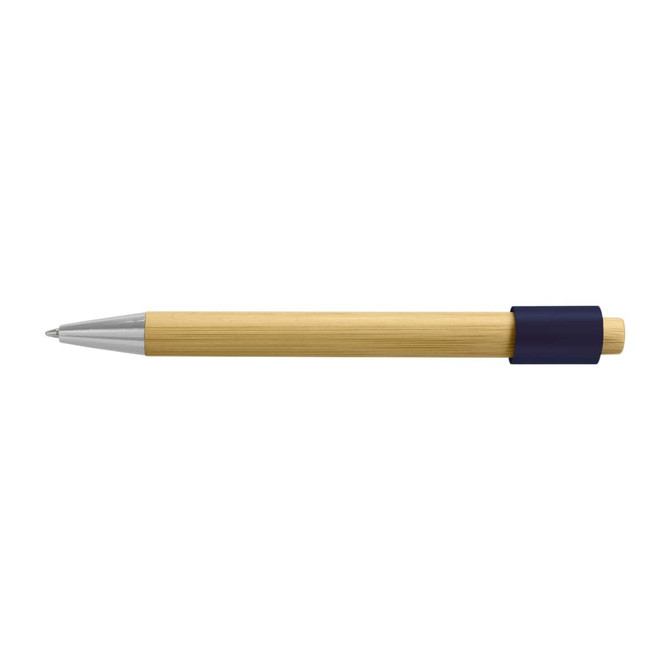 A bamboo pen featuring a silver tip and a navy blue grip. It has a sleek, natural finish.