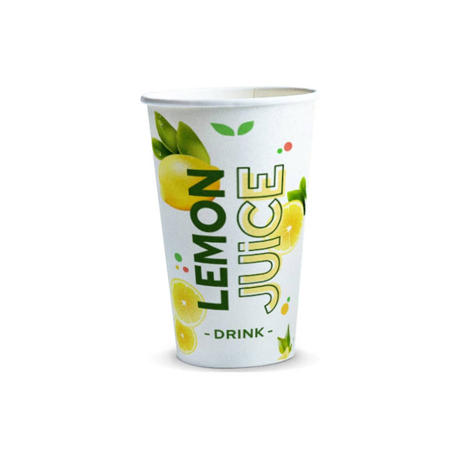 A paper cup with a white background, featuring lemon and lime graphics, designed for lemon juice.