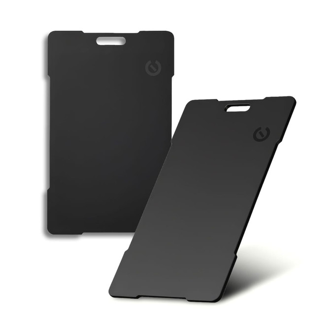 A sleek, black Bluetooth tracker with a minimalist design and a logo on the side.