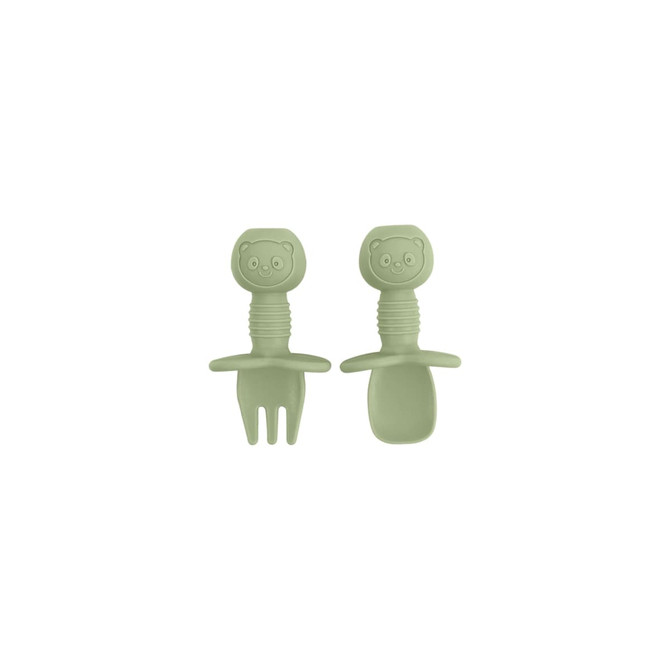 A set of olive green silicone cutlery featuring bear-shaped handles, including a fork and a spoon.