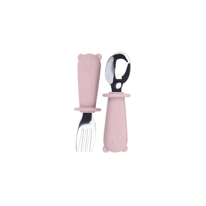 A pink silicone and stainless steel kids' cutlery set featuring a fork and spoon, each with a bear-shaped handle.