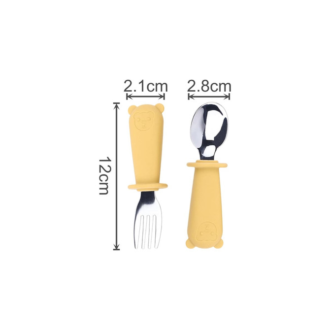 A yellow silicone cutlery set for kids, featuring a fork and spoon with bear-shaped handles. Includes a branding logo.