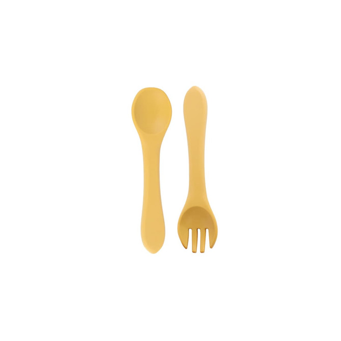 A set of classic silicone kids cutlery in a vibrant yellow colour, featuring a spoon and a fork. It has a logo.